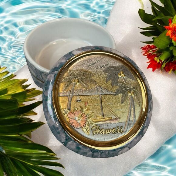 The Art Of Chokin Hawaii Jewelry Trinket Box 24K Gold Edged Aloha Made In Japan - Picture 1 of 8